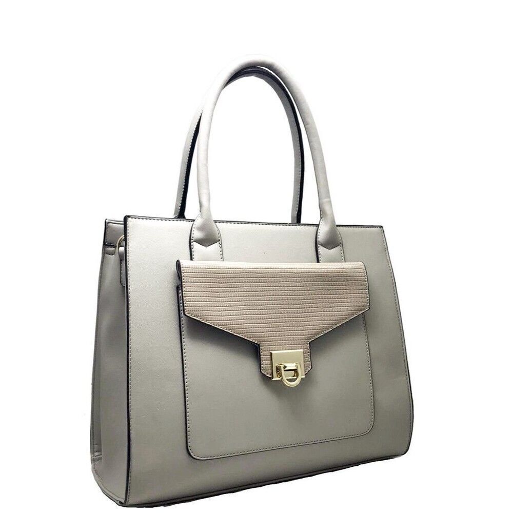 Gray Classy Front Pocket Satchel Handbag Tote With Zip Top Closure